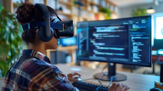 Woman wearing virtual reality headset and working on computer code