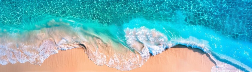 Aerial view of a pristine beach with crystal-clear turquoise water and gentle waves washing onto the sandy shore under a bright sunny sky.