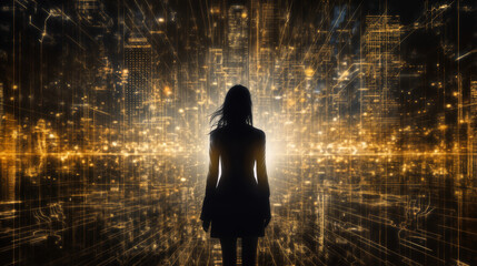 The silhouette of a young woman stands against the backdrop of the city's skyscrapers and holographic projections.