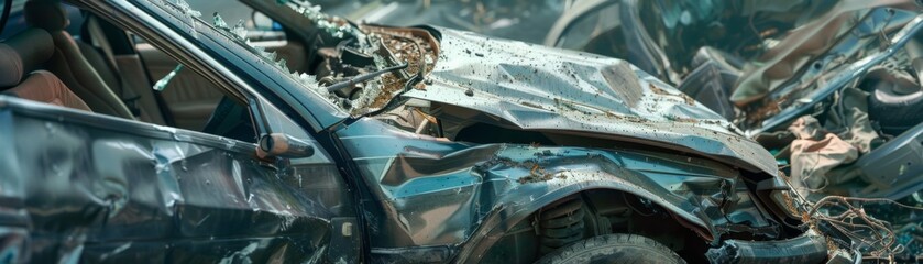 Crumpled car doors after an accident, demonstrating vehicle damage severity. Close-up of a heavily damaged car involved in a severe collision.