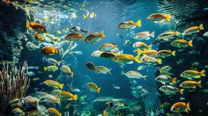 A school of brightly colored fish is swimming in a blue-green body of water.

