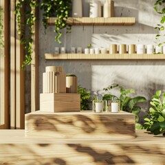 Podium product mockup with a natural wood texture. Minimalist wooden decor with candles and plants in a sunlit room. Peaceful and natural interior design with a warm, cozy atmosphere.