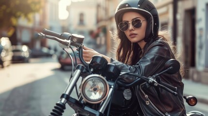 Rebel Chic: Stylish Model in Biker Fashion Poses on Vintage Motorcycle in Urban Setting