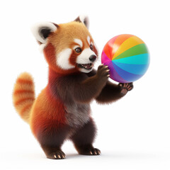 Fototapeta premium 30 - Render a 3D red panda playing with a bright, rainbow-colored ball, looking playful, on a white background.