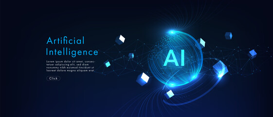 Futuristic digital brain made of glowing data particles with AI letters. Concept of artificial intelligence, neural networks, and advanced technology. Vector illustration on blue background.