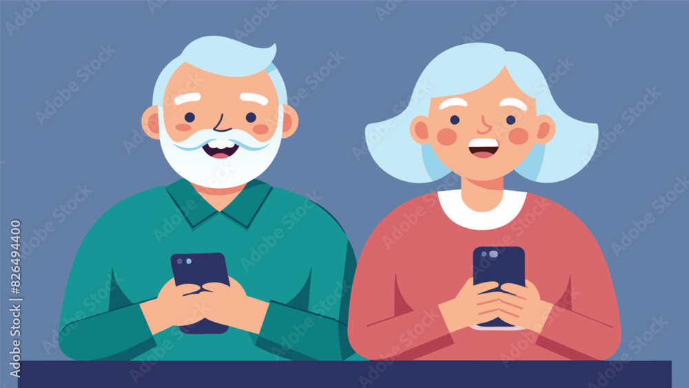 Poster an elderly couple sitting side by side smiling as they learn how to send text messages on their new 