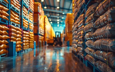 A well-organized warehouse interior with stacks of packaged goods and aisles illuminated by industrial lighting, highlighting efficient storage solutions.