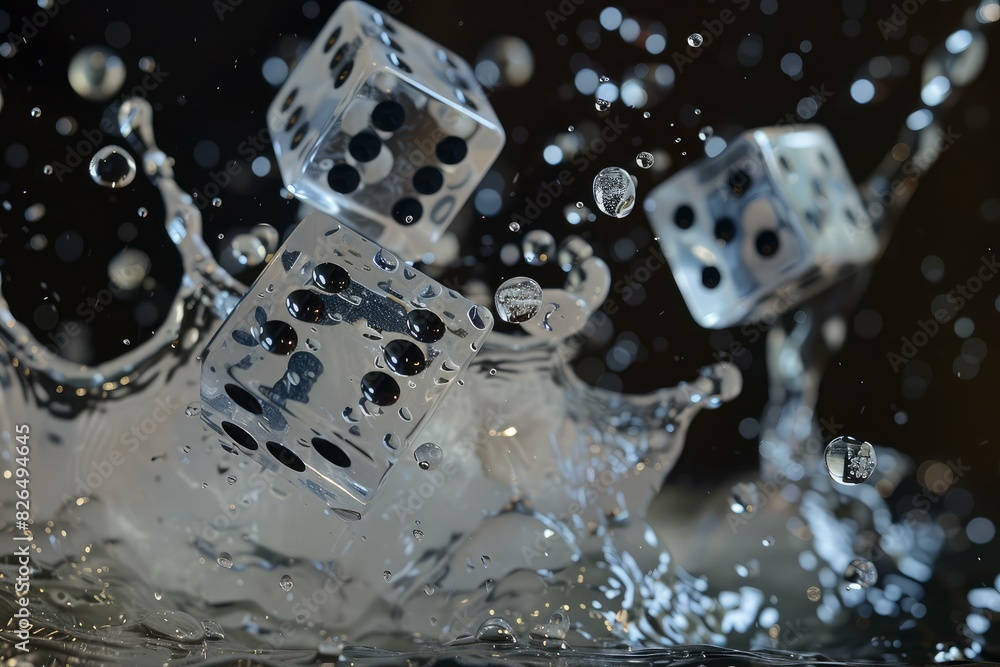 Poster closeup capture of transparent dice creating a splash and droplets in water against a dark backgroun