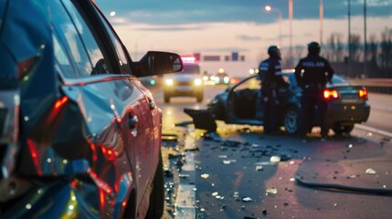 Police officers inspecting a car accident scene on the highway at dusk. Crashed vehicles and debris scattered on the road.