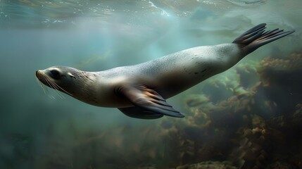 A graceful sea lion gliding effortlessly through the water, its streamlined body perfectly adapted...