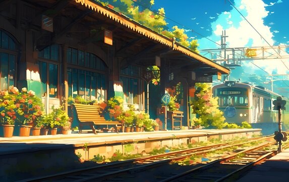 The old train station, the railroad. Rural landscape. Banner, poster, background. Copy space. Anime style.	
