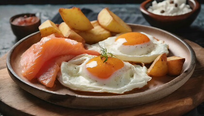 Close up view of the fried eggs, salmon and baked potatoes on plate. Tasty food for breakfast