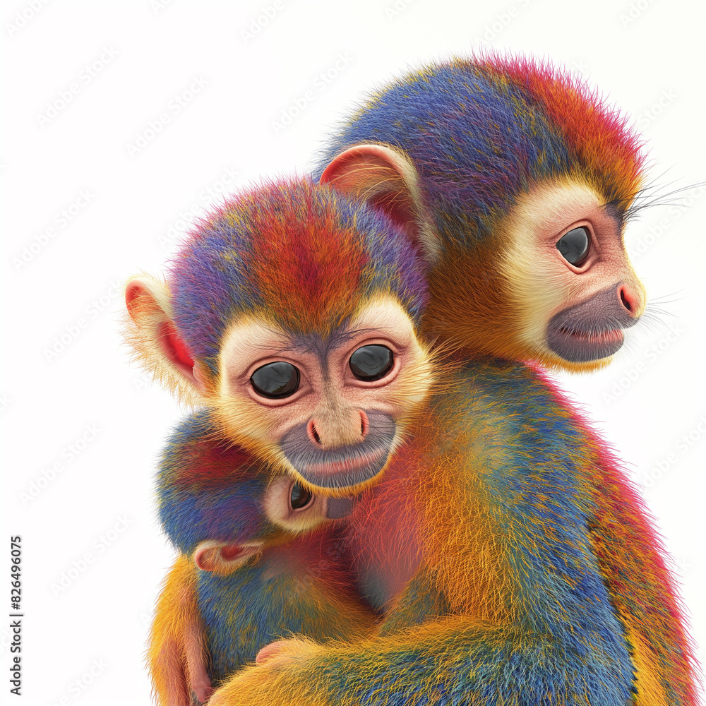 Poster 23 - create a 3d image of a pair of squirrel monkeys with vibrant fur patterns playing together, aga