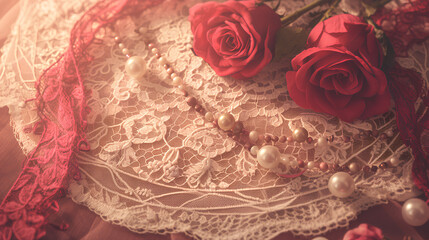red roses and pearl lace decoration on a white background
