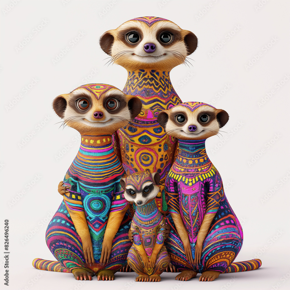 Poster 19 - render a 3d meerkat family with each member having a unique colorful pattern, against a white b