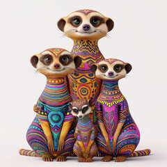 Fototapeta premium 19 - Render a 3D meerkat family with each member having a unique colorful pattern, against a white background.