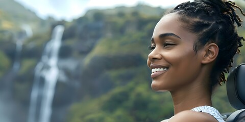 African American woman smiling in car enjoying mountain and waterfall views. Concept Outdoor Adventure, Travel Photography, African American Woman, Mountain Views, Waterfall Scenery