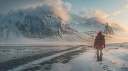 A man in a red jacket is walking on a snowy road in front of a mountain