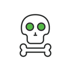 Skull and bone, in line design, green. Skull, Bone, Skeleton, Death, Crossbones, Danger, Pirate on white background vector. Skull and bone editable stroke icon.