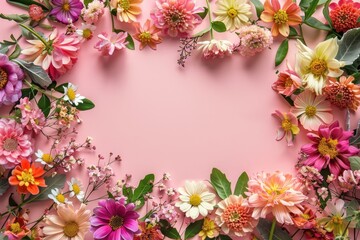 Fototapeta premium A beautiful floral frame made of colorful blossoms arranged on a solid surface, offering a romantic and whimsical backdrop for wedding invitations, greeting cards, and other design projects.