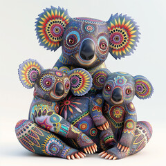 Obraz premium 8 - Depict a 3D koala mother and baby with brightly patterned fur, looking happy, on a white background.