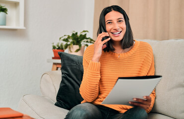 Girl, phone call and portrait for planning in home, talking and freelancer for conversation on...