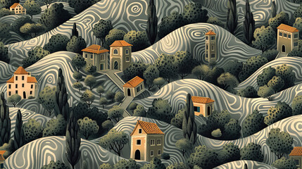 A painting of a hillside with houses and trees