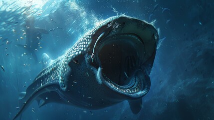 A magnificent whale shark gliding gracefully through the ocean depths, its enormous mouth filtering...