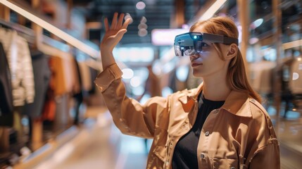 Obraz premium Modern Shopping: AR Glasses User Trying on Clothes Virtually in High-End Store