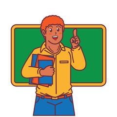 Cartoon female teacher carrying a book, and a blackboard behind him