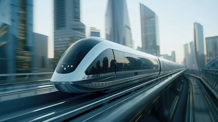 Obraz premium Urban Futurism: High-Speed Maglev Train in a Bright Futuristic Cityscape