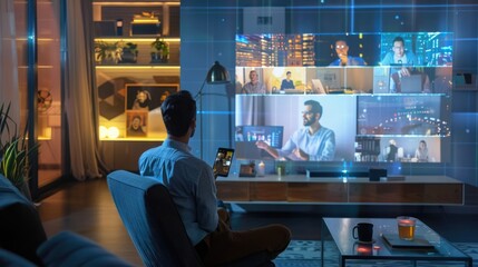Futuristic Remote Work: Professionals Using Holographic Collaboration Tools in Stylish Home Office Setting