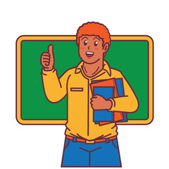 Cartoon female teacher carrying a book, and a blackboard behind him