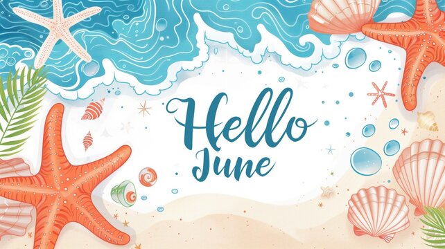 A beach-themed poster with "Hello June" in playful, colorful text. - Powered by Adobe