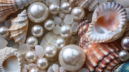 Pearls and seashells arranged artistically in a close-up view.