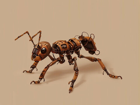 A steampunk ant with a metal body, shell and a metal head. The ant is on a plain background. 