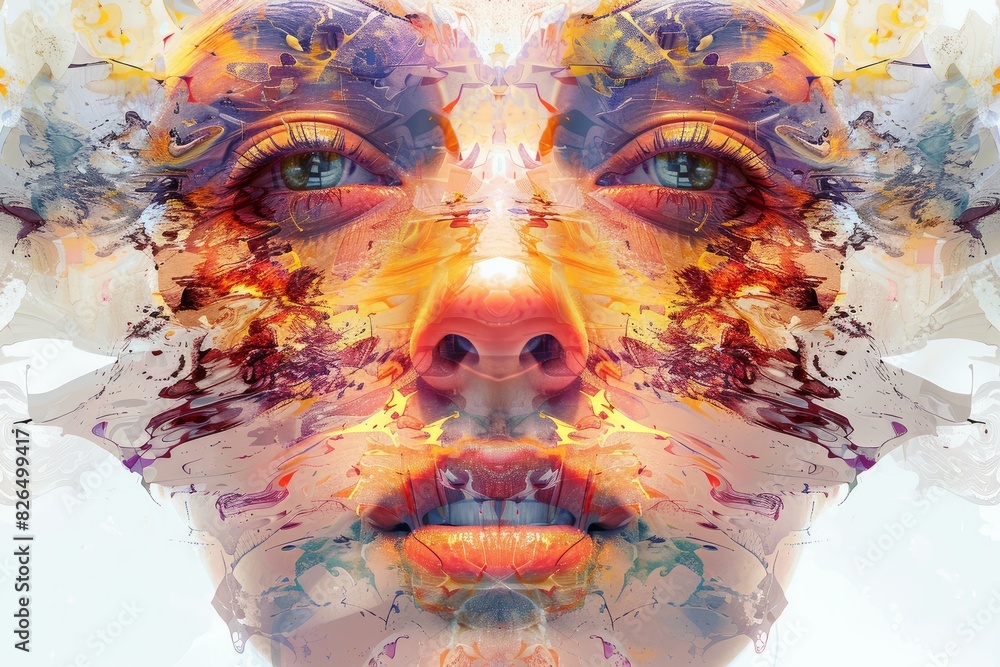 Poster digital artwork of a symmetrical, abstract face blending colors and patterns seamlessly