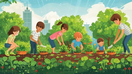 Community Garden: Illustrate a community garden with people of all ages planting, watering, and harvesting vegetables, emphasizing sustainability and local cooperation.