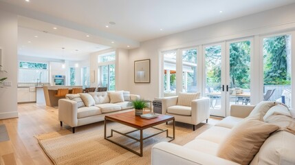 Fototapeta premium A bright and airy living room with white walls and contemporary furnishings, providing a clean and inviting space for relaxation and socializing.