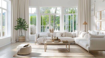 A bright and airy living room with white walls and contemporary furnishings, providing a clean and inviting space for relaxation and socializing.