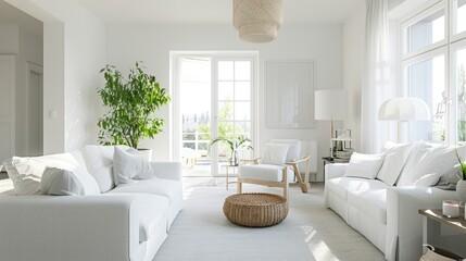 Fototapeta premium A bright and airy living room with white walls and contemporary furnishings, providing a clean and inviting space for relaxation and socializing.