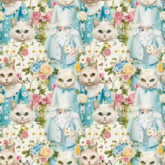 White cat couple wearing wedding dresses, cartoon, fairy tale, in flower garden, white, pink light blue leaves, 3D fabric pattern, very beautiful, seamless, textile background.
