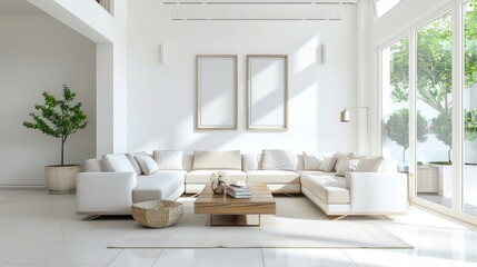 A bright and airy living room with white walls and contemporary furnishings, providing a clean and inviting space for relaxation and socializing.