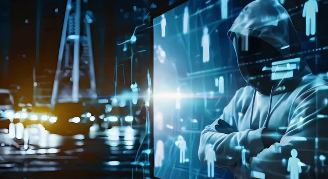 The Crime Concept, back view of a criminal hacker wear grey hoodie with arms crossed, analysis coding technology screen data, with blurred police cars on background, professional, generative ai 