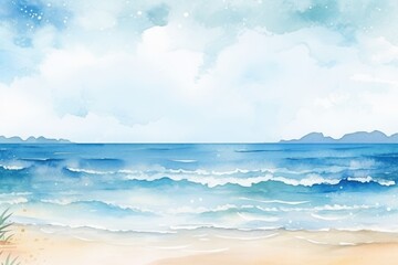 A painting of a beach with a blue ocean and a cloudy sky, watercolor illustrations, summer, vacation time.