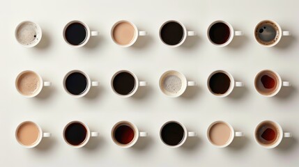 Coffee cups on white background with milk gradient top view
