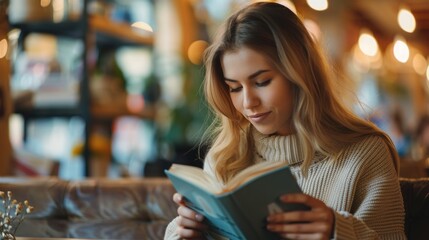 Tranquil Young Woman Reading a Book in a Cozy CafÃ© with Warm Indoor Lighting