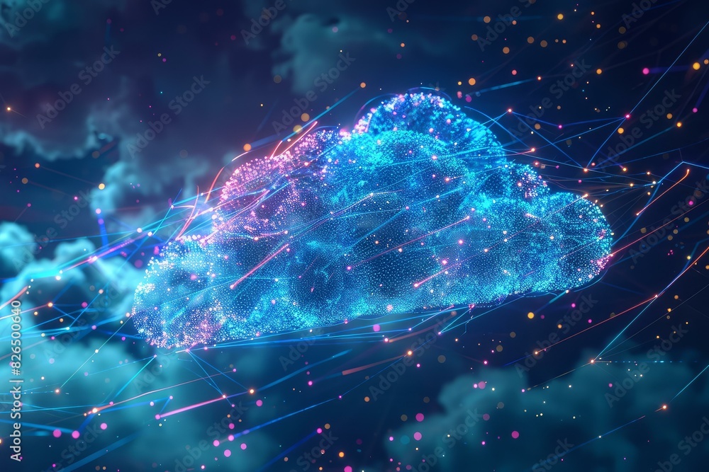 Poster abstract cloud computing graphic with neon lights and network connections on a dark background