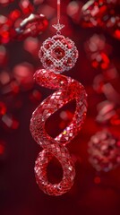 Fototapeta premium 3D snake coiled in the shape of a Chinese knot, combined with a jade pendant, New Year, made of clear red diamonds, shiny translucent, simple bright clear glowing red minimalist festive background wit