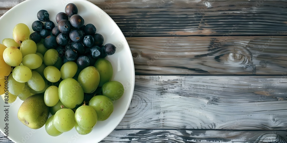 Poster assorted fruits and vegetables displayed on a white plate in a rustic table setting. concept healthy
